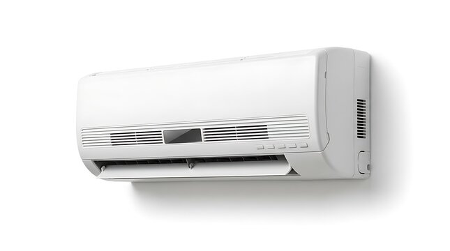 Modern white split system air conditioner unit isolated on white background.