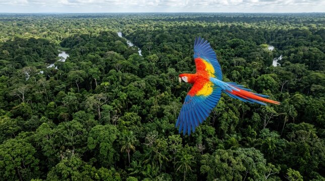 Scarlet Macaw Flying Over Lush Amazon Rainforest Canopy with Winding River Aerial View Nature Photography