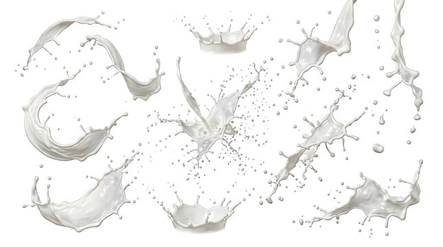 Set of isolated milk splashes and liquid drops collection.