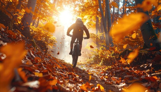 A lone mountain biker navigates a sun-drenched forest path in autumn.
