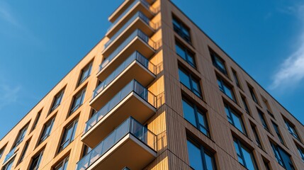 Fototapeta premium Modern apartment building exterior with balconies against blue