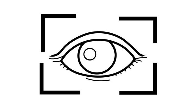 The animation opens on a plain white screen before drawing a line-art illustration of a human eye encircled by rectangular viewfinder focus corners.