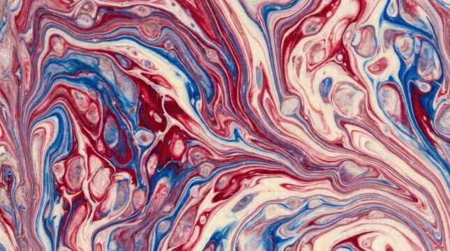 Abstract fluid art with red blue white paint swirls.