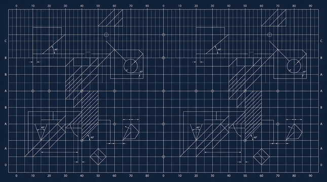 Dark Blue Technical Blueprint Grid Pattern with Architectural Measurements and Drafting Diagrams