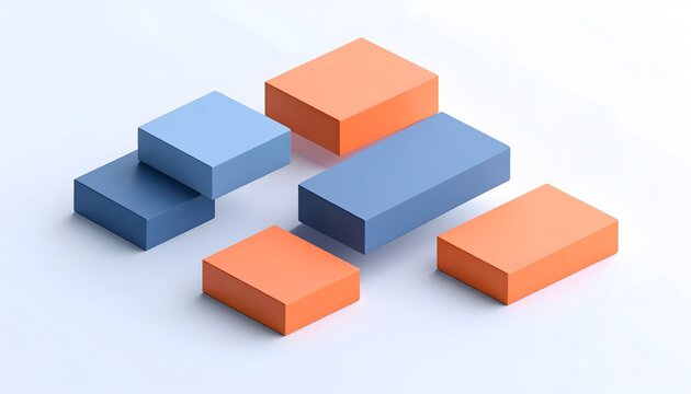 Isometric 3D rendering of abstract geometric cuboid blocks in blue and orange colors arranged on a clean white background for business concept
