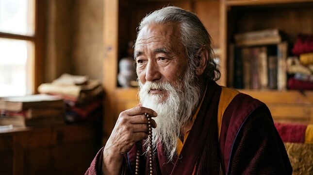 Senior Buddhist monk holding prayer beads in a traditional library