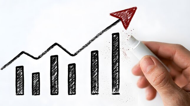 Hand drawing upward trending bar graph with arrow on white background