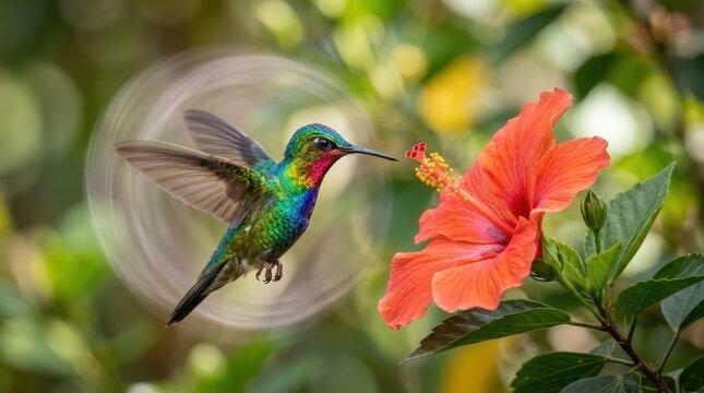 Vibrant Hummingbird Hovering Near a Bright Orange Hibiscus Flower in a Lush Tropical Garden