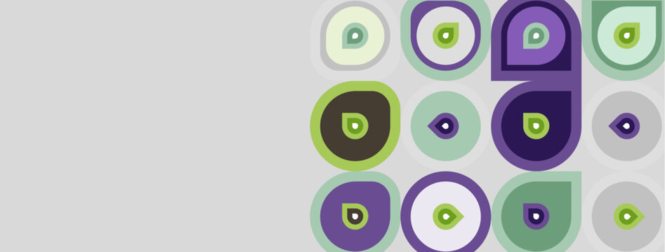 Abstract geometric pattern. Circles, squares, rectangles overlap creating midcentury modern aesthetic. Muted green, purple hues dominate design.