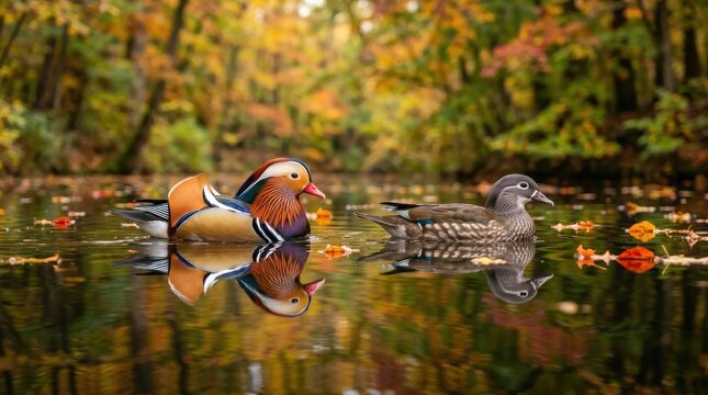 Male and Female Mandarin Ducks Swimming on a Calm Pond with Vibrant Autumn Foliage and Clear Reflections