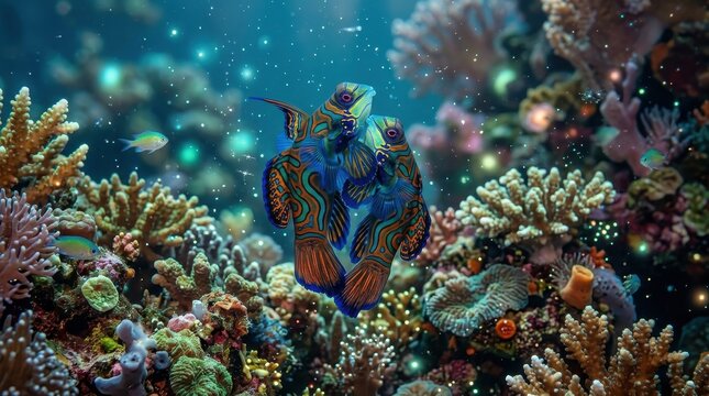 Vibrant Mandarinfish Pair Swimming in a Colorful Coral Reef with Magical Sparkling Water Effects