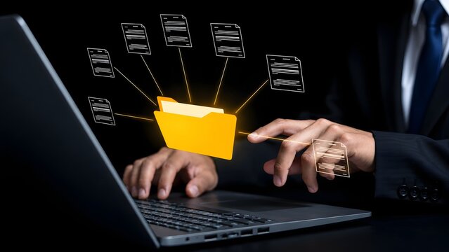 Document management system concept, (DMS), software to store, organize, track, and manage digital documents. Centralized repository for efficient creation, storage, retrieval, and distribution..