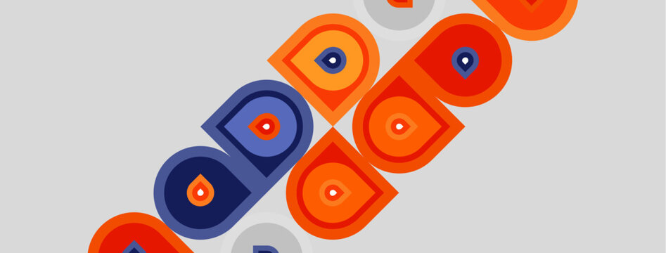 Abstract pattern features repeating circles, squares. Orange, navy colors dominate light gray background. Geometric shapes create dynamic visual rhythm.