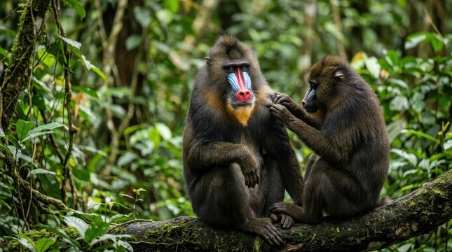 Male Mandrill with Vibrant Facial Markings Being Groomed by Another in African Jungle