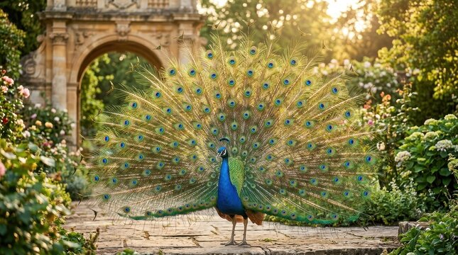 Beautiful Male Peacock Displaying Vibrant Tail Feathers in a Sunlit Formal Garden with Stone Archway