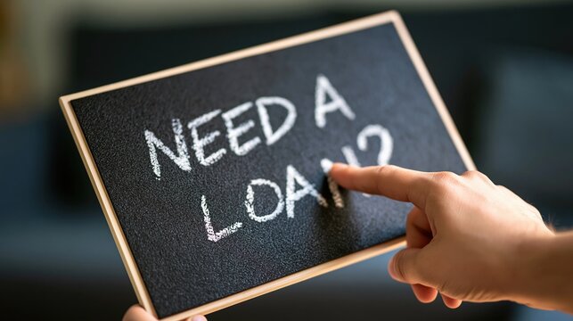 person pointing at need loan chalkboard sign