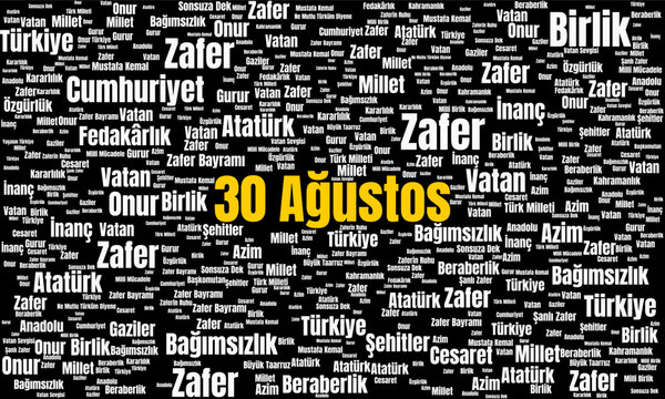 30 Ağustos Zafer Bayramı Word Cloud with Victory, National Pride, and Turkish Celebration Keywords. Ideal design for social media, cover, banner, flyer, ads.