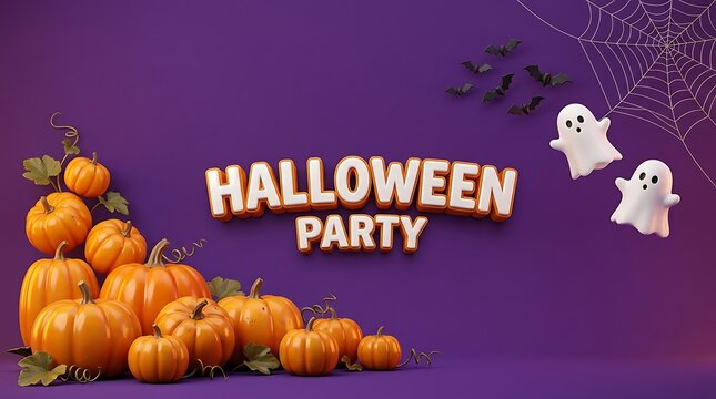 A festive halloween party background featuring a pile of orange pumpkins and cute ghost characters on a vibrant dark purple textured backdrop