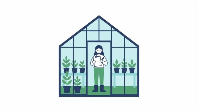 Female scientist recording data inside small greenhouse illustration.