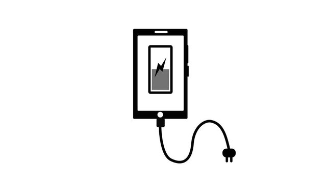 Phone charging icon with cable and plug battery partially filled with lightning bolt symbol animation