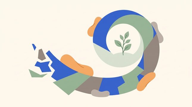 Abstract spiral illustration featuring a small green plant growing in the center.