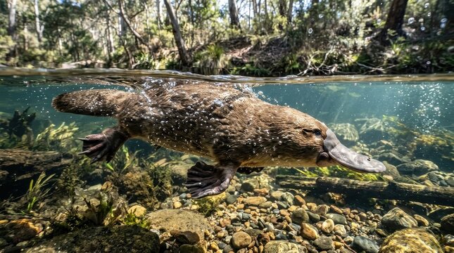 Platypus Swimming Underwater in a Clear Australian Creek, Split View Showing Forest and Riverbed