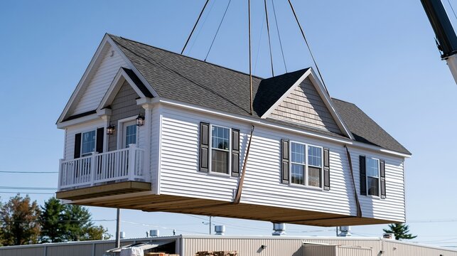 White modular house suspended by crane against blue