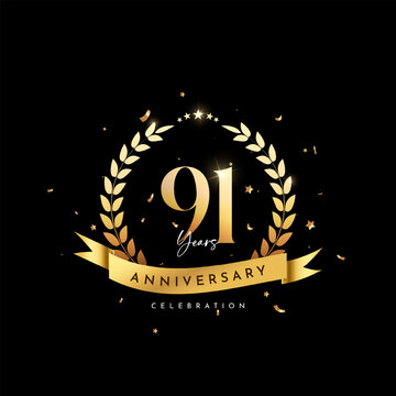 91st Anniversary celebration, Anniversary celebration On black background for celebration event, festive illustration, Anniversary Golden number sparkling confetti.