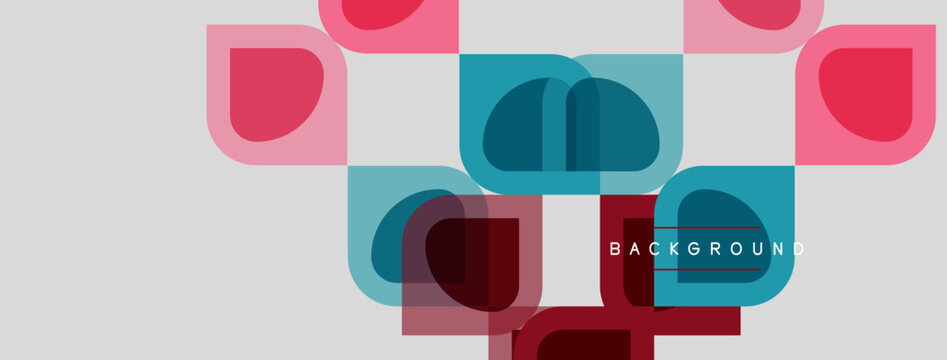 Abstract geometric shapes overlap, creating layered visual effect. Pink, teal, white squares dominate neutral background. Minimalist design.