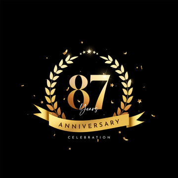 87 Anniversary celebration, Anniversary celebration On black background for celebration event, festive illustration, Anniversary Golden number sparkling confetti.