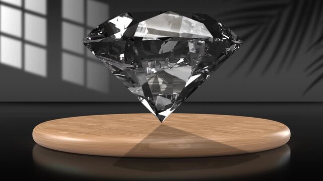 Rotating Cut Diamond on a Luxury Display Pedestal
Close-up 3D animation of a sparkling cut diamond rotating above an elegant illuminated display pedestal against a dark gradient background.