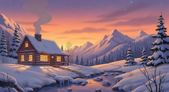 Winter landscape cabin scene