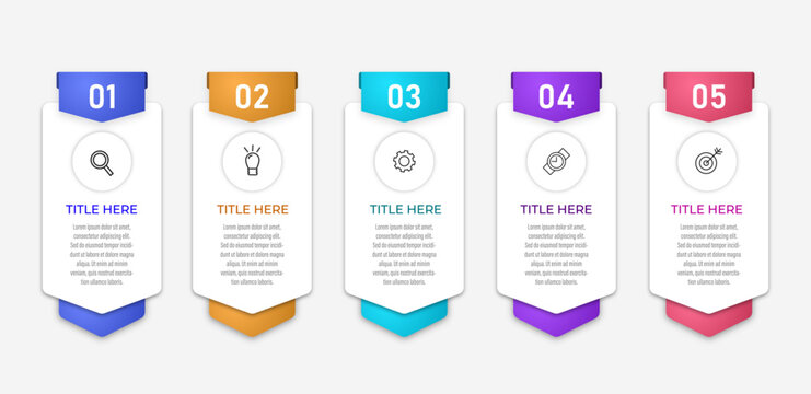 5 steps vertical column process layout with colorful header tags line icons and text placeholders vector illustration