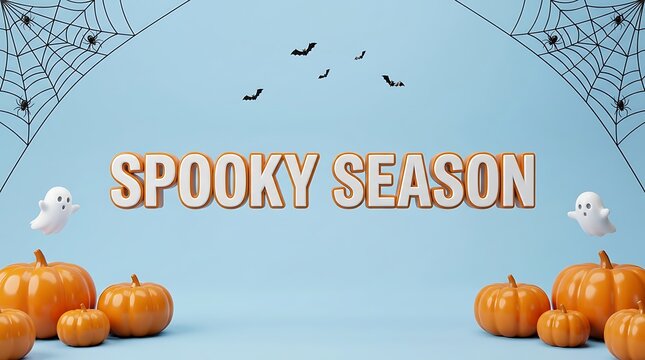 A festive halloween background featuring orange pumpkins and the text spooky season on a light blue backdrop with decorative spider webs and bats