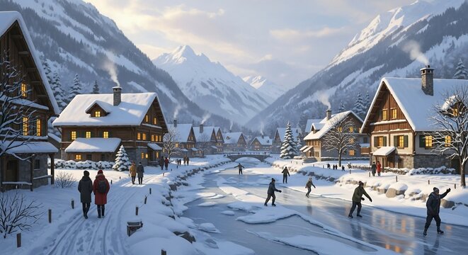 Winter village landscape painting