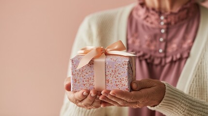 Obraz premium Elderly woman holding a small gift box with