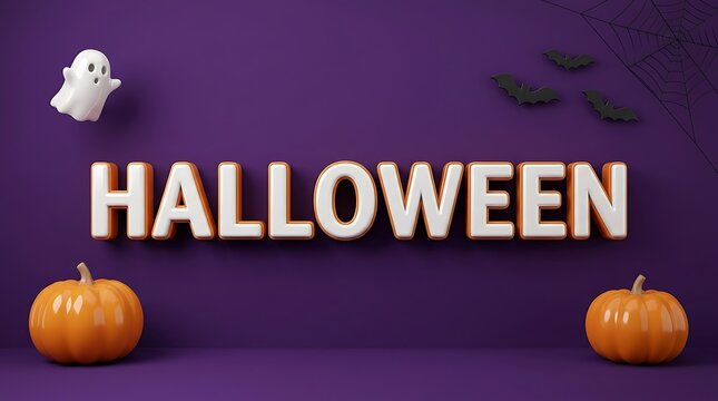 Festive halloween background featuring the word halloween in large white letters surrounded by cute pumpkins a small ghost and flying bats on purple