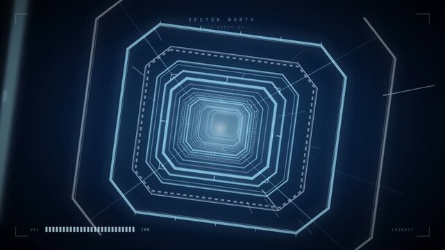 Flight through futuristic octagonal HUD tunnel with bright light burst technology background