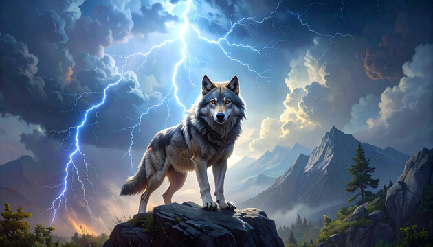 Wolf standing amidst storm