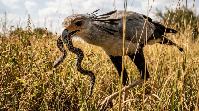 Secretarybird Hunting a Snake in the African Savanna Grassland, Wildlife Predation Scene