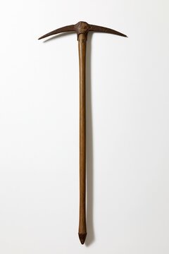 Vintage rusty pickaxe with wooden handle on white