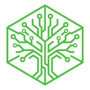 Green circuit board tree inside cube technology concept