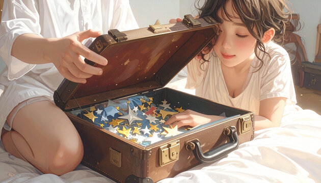 Woman and girl exploring suitcase contents
