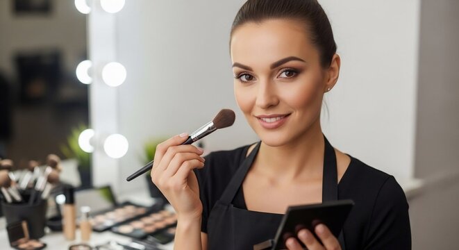 Woman applying makeup beauty studio
