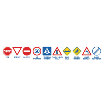 Collection of common road and traffic safety warning signs