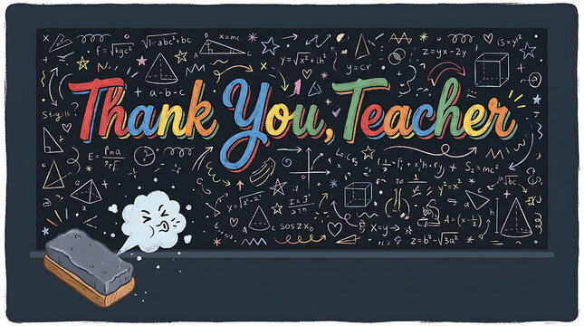 Thank you teacher colorful lettering on chalkboard with formulas and eraser for world teachers' day banner background.