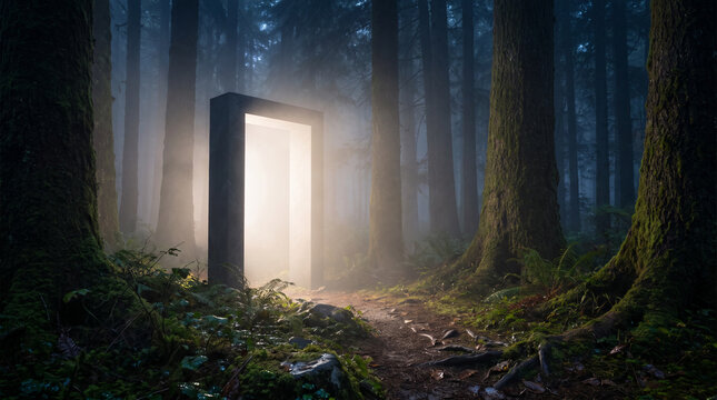 Glowing mysterious portal doorway in a dark enchanted forest with mist, surreal concept of unknown future, discovery, fantasy and new beginnings