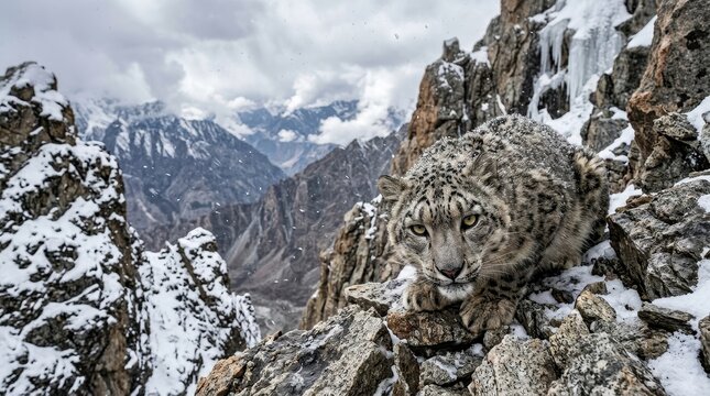 Majestic Snow Leopard Crouching on a Rocky Mountain Ledge in a Winter Snowstorm with Dramatic Himalayan Peaks Background