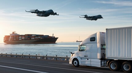 Fototapeta premium Global logistics transport network with planes truck and