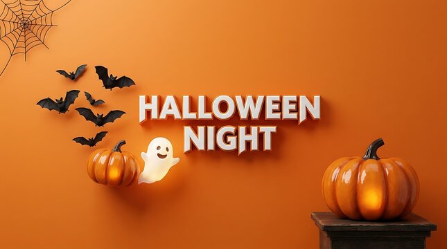 A festive halloween night background featuring carved pumpkins a cute ghost and flying bats against a solid orange wall for seasonal holiday celebration